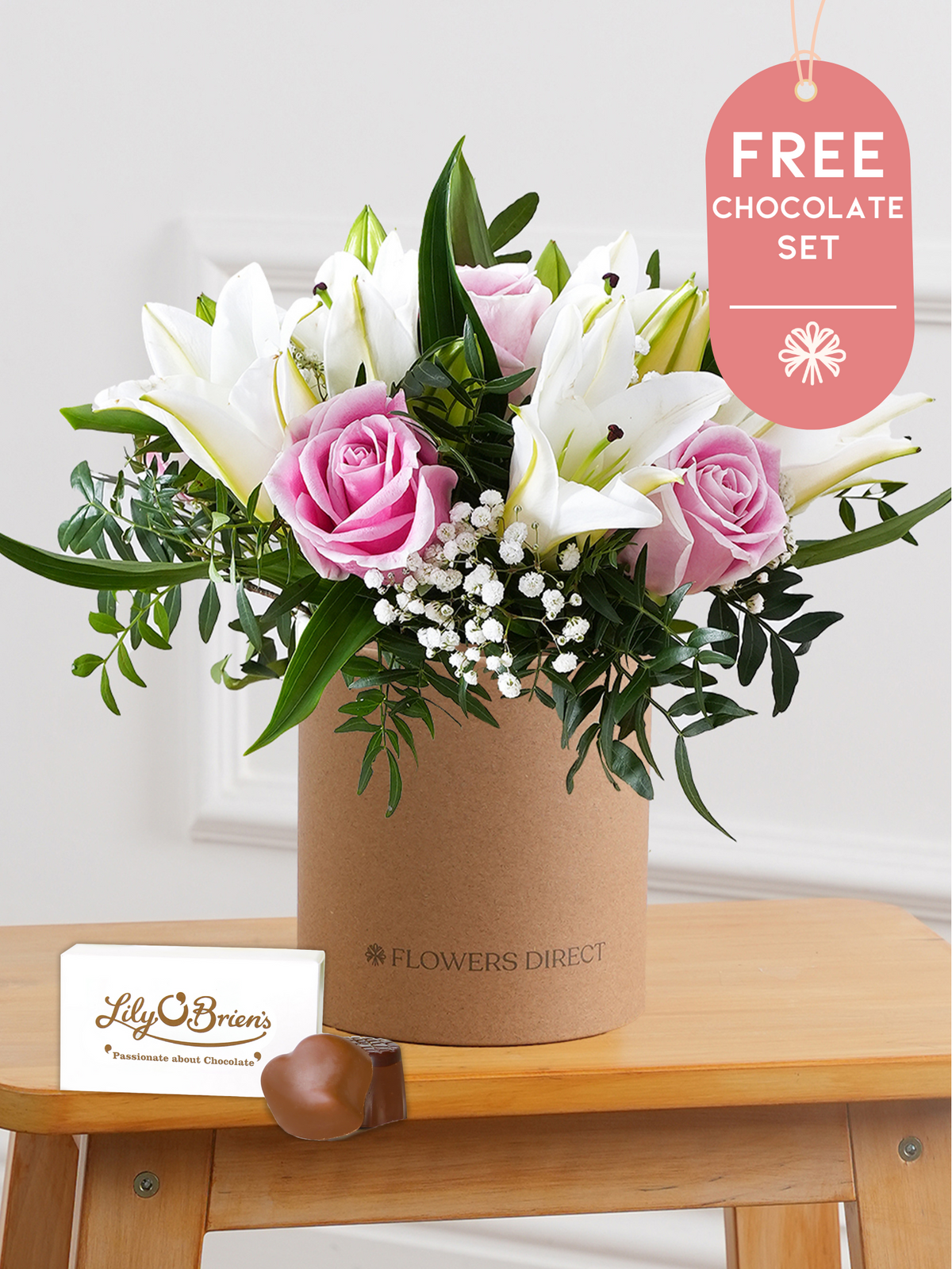 Pink Roses and White Lily - Hatbox with Free Chocolate Set