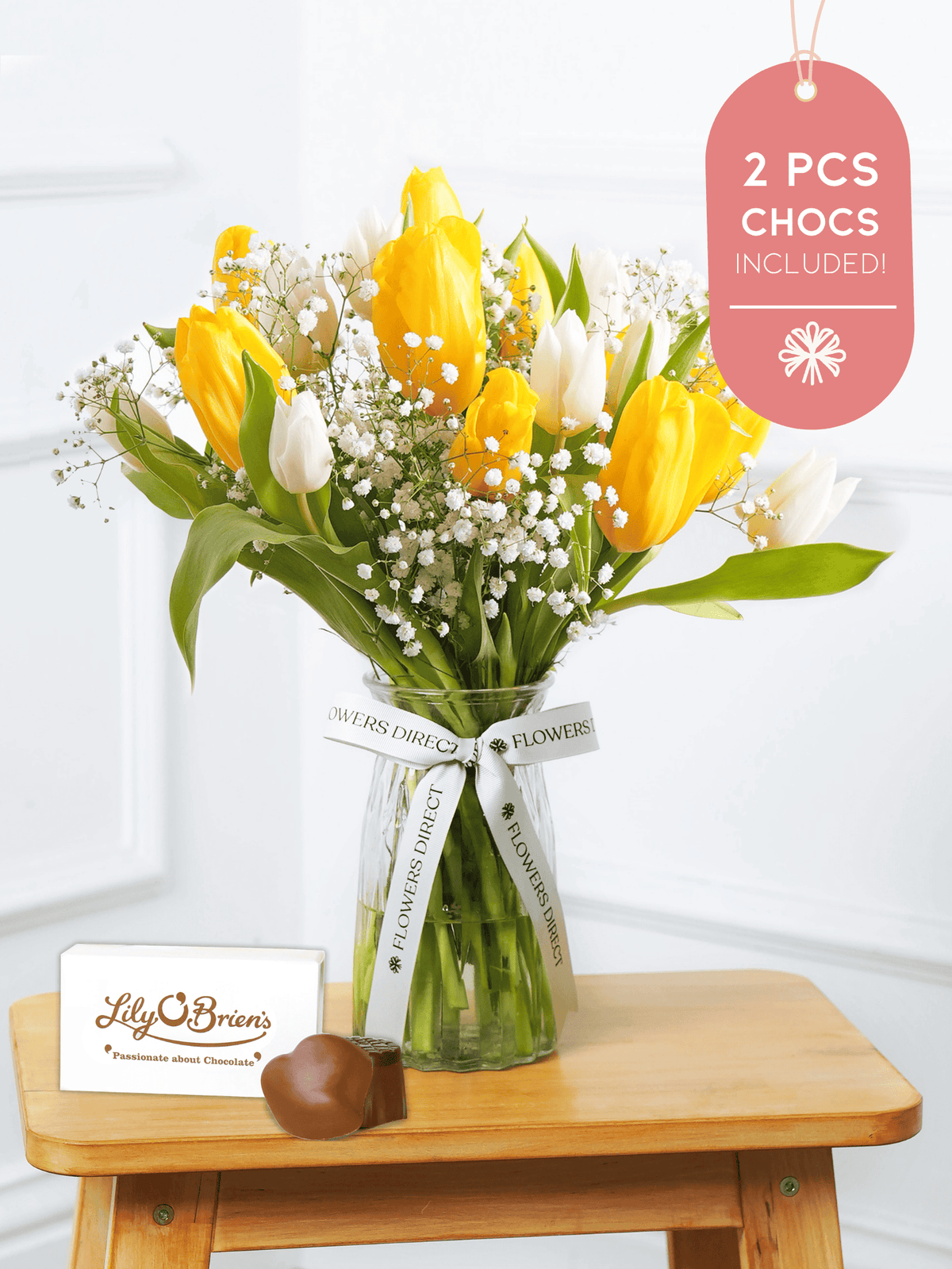 White & Yellow Tulips Vase 2 Pcs Chocs included!