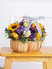 Iris Bliss Basket – The Iris Bliss – Basket is a cheerful mix of Blue Iris, Sunflowers, Yellow...
