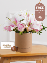 Anniversary Pink Roses and Pink Lily - Hatbox with Chocolate Set –  Our Pink Roses and Pink Lily Hatbox is a stunning work of art, expertly...