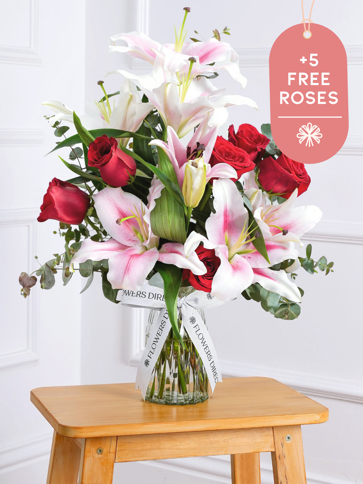 Red Roses and Pink Lily - Vase with 5 more roses