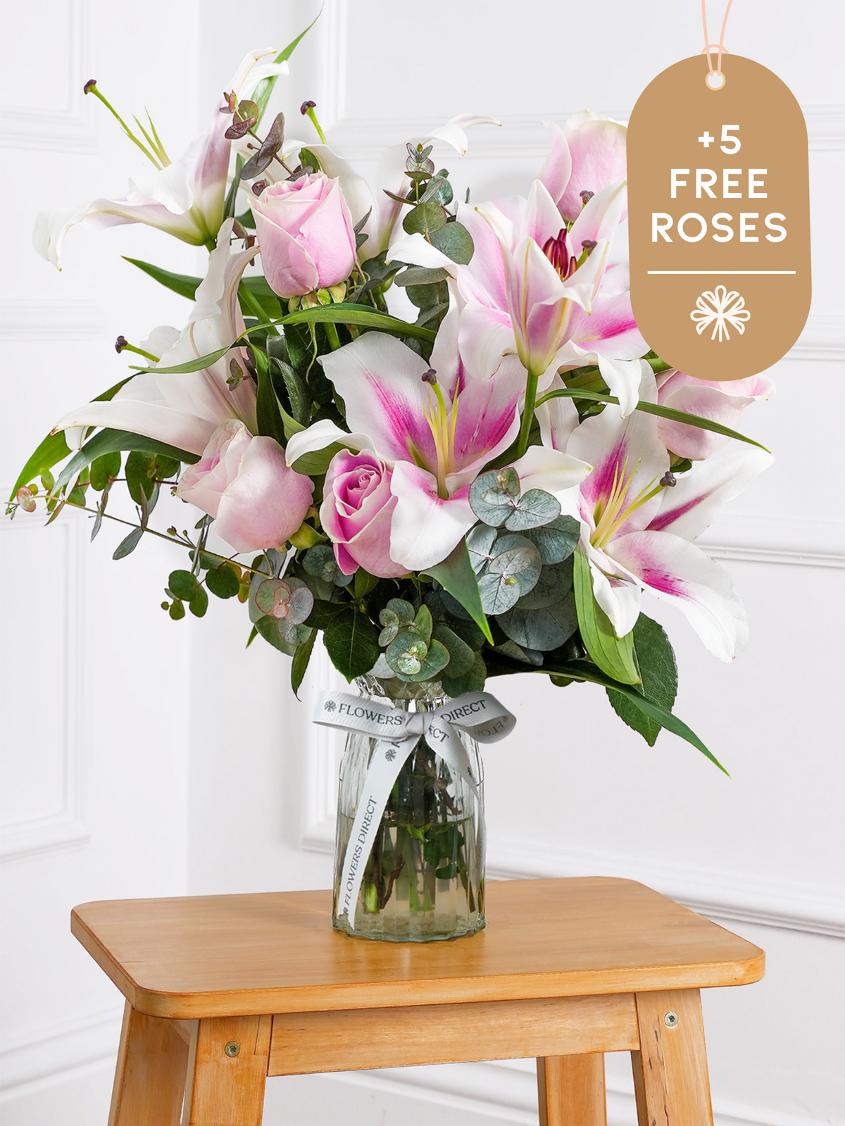 Pink Roses and Pink Lily - Vase with 5 more roses