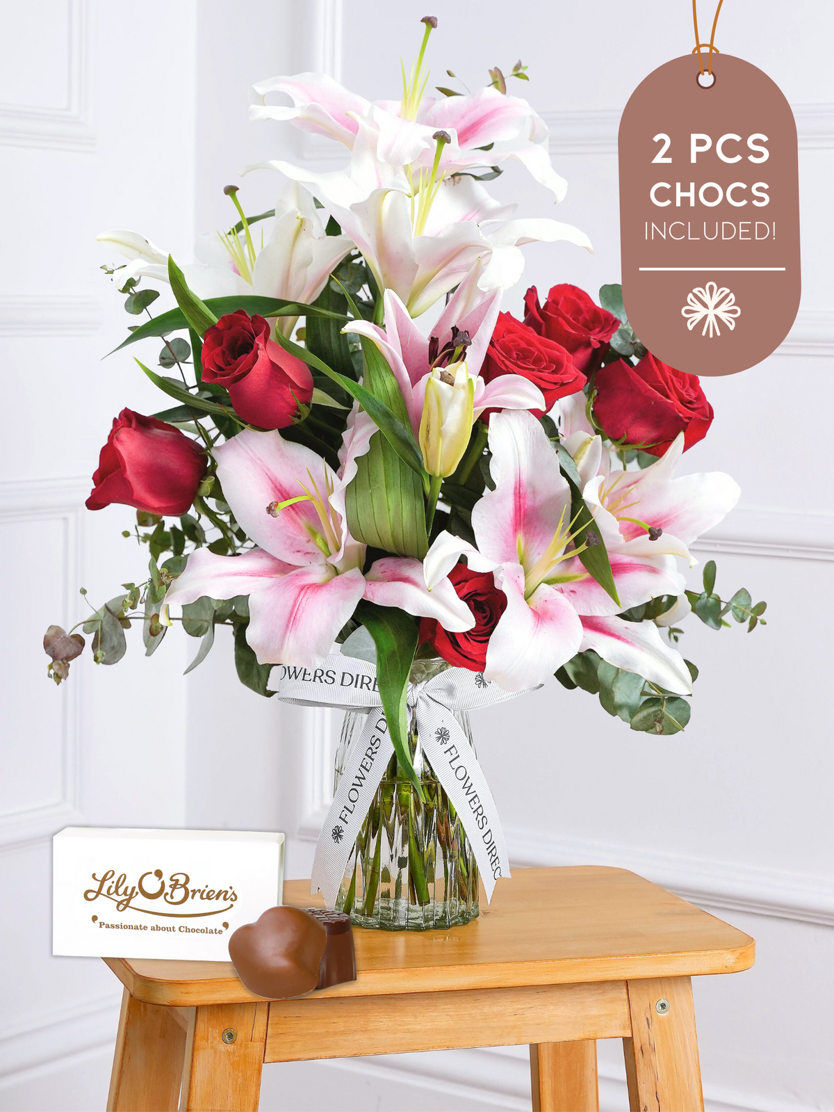 Red Roses and Pink Lily Vase 2 Pcs Chocs included!