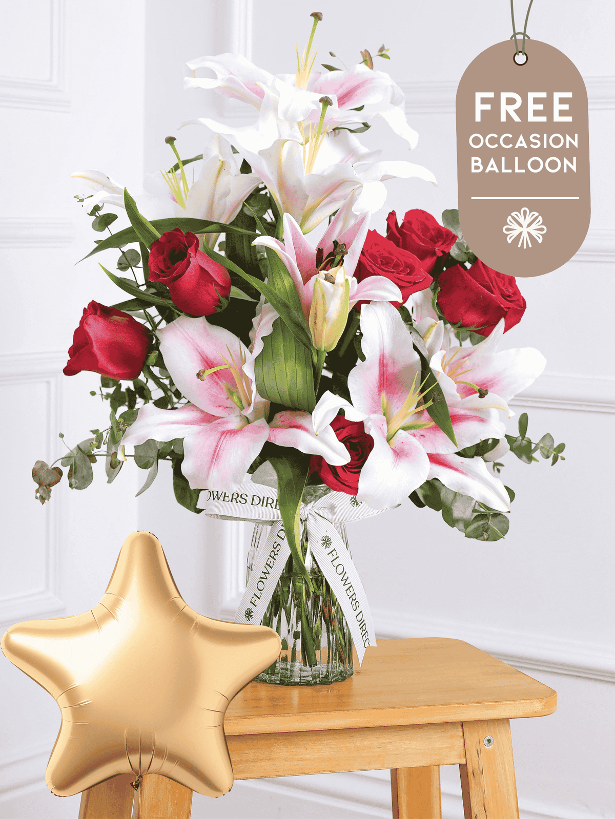 Red Roses and Pink Lily Vase with Free Balloon to Match the Occasion