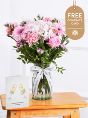 Sweetheart - Vase with Free Congratulations Card – Express your love and affection with our "Sweetheart" arrangement, featuring delicate pink hydrangeas, vibrant...