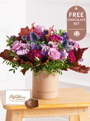 Thank You Autumn Purple Majesty - Hatbox with Free Chocolate Set –  Experience the regal and majestic beauty of our "Autumn Purple Majesty" arrangement, featuring luxurious...