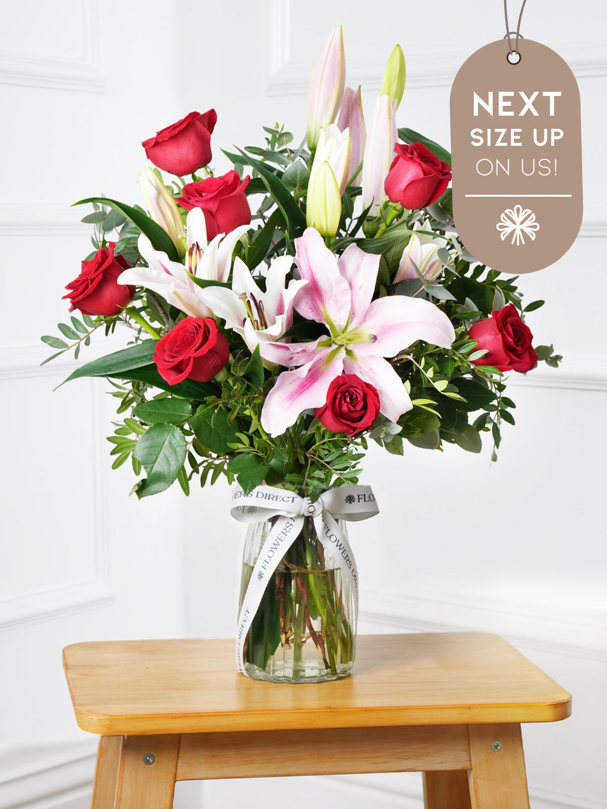 Red Roses and Pink Lily Vase Next Size Up – On Us!