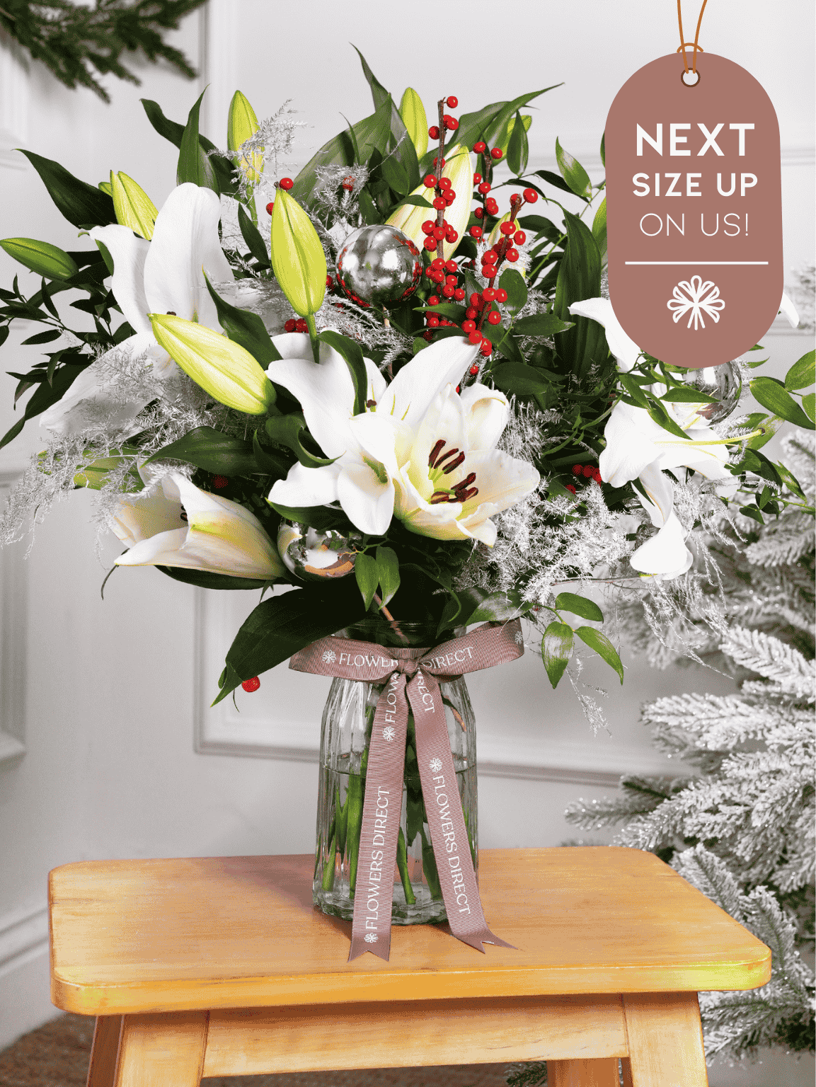 White Lily Christmas Vase Next Size Up – On Us!
