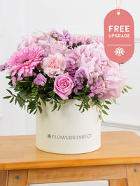 Sweetheart Hatbox Free Upgrade –  Express your love and affection with our "Sweetheart" arrangement, featuring delicate pink hydrangeas, vibrant...