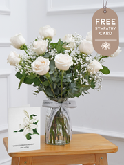 Sympathy 12 Long Stem White Roses - Vase with Free Sympathy card – Graceful and tender, our Sympathy Rose Bouquet conveys heartfelt condolences with a 12 Long...