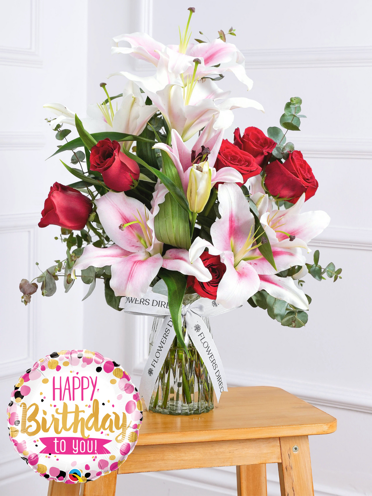 Birthday Red Roses and Pink Lily - Vase (Complimentary Birthday Balloon)