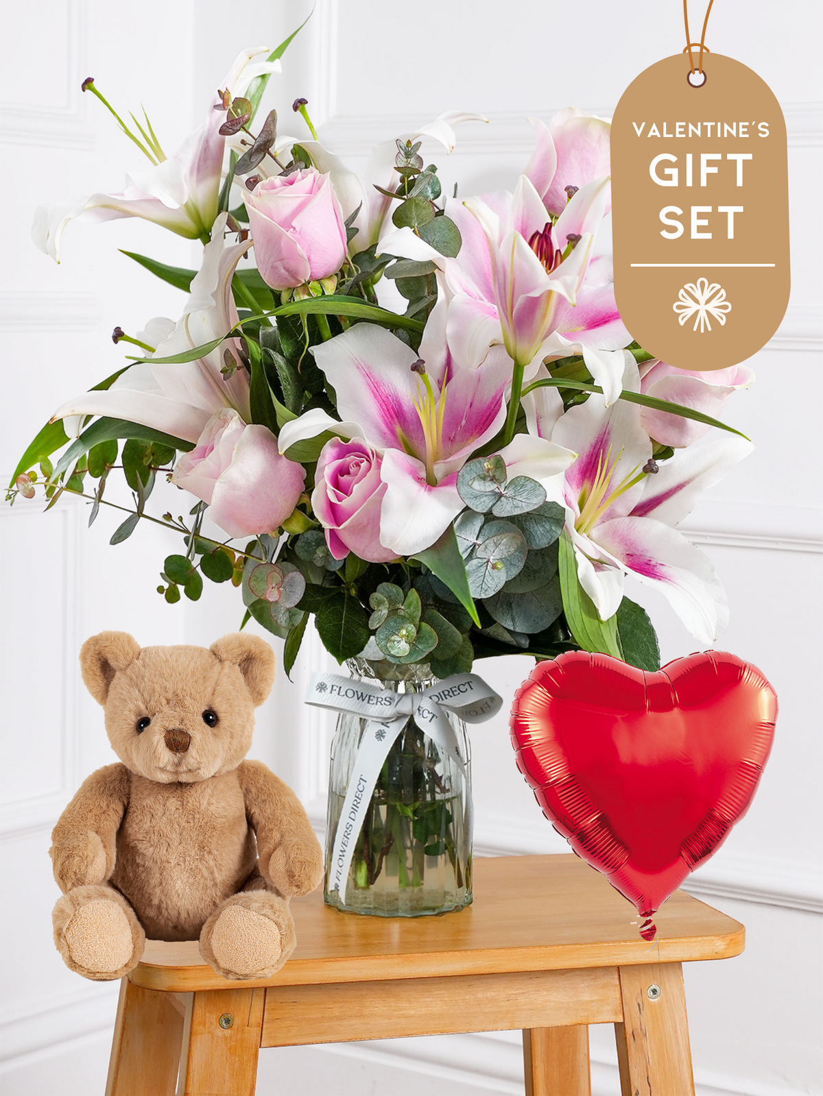 Valentine Pink Roses and Pink Lily - Vase Gift Set