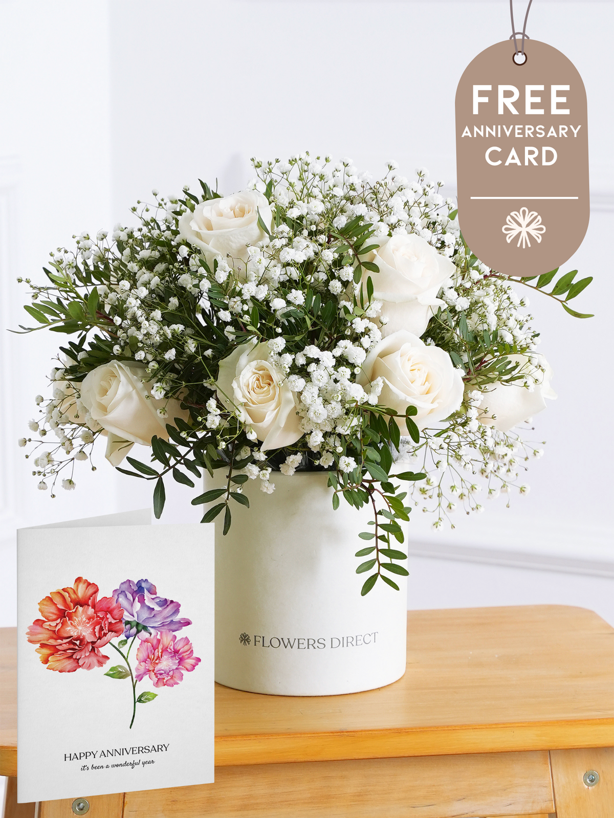 White Roses Hatbox with Free Happy Anniversary Card