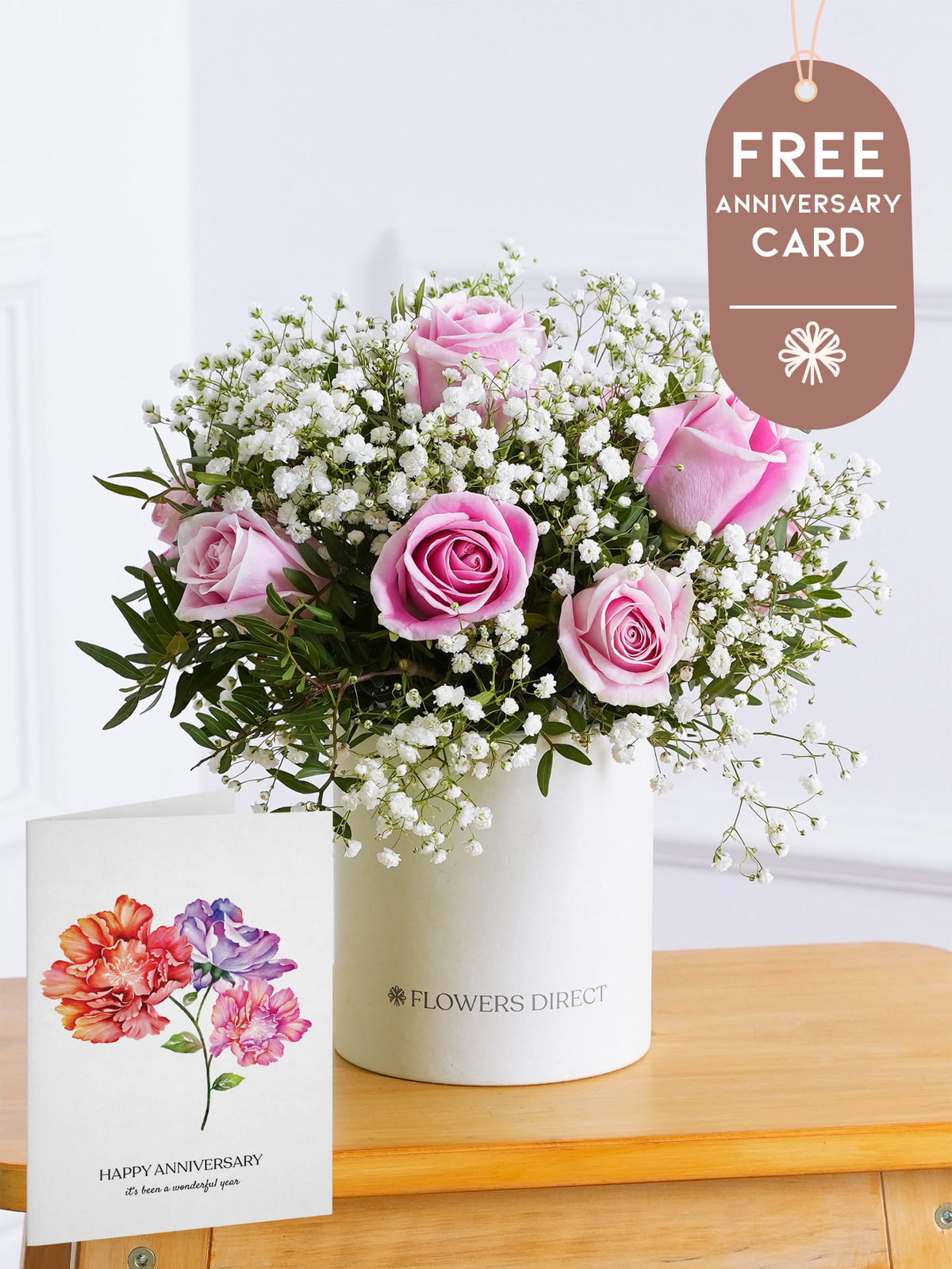 Pink Roses Hatbox with Free Happy Anniversary Card