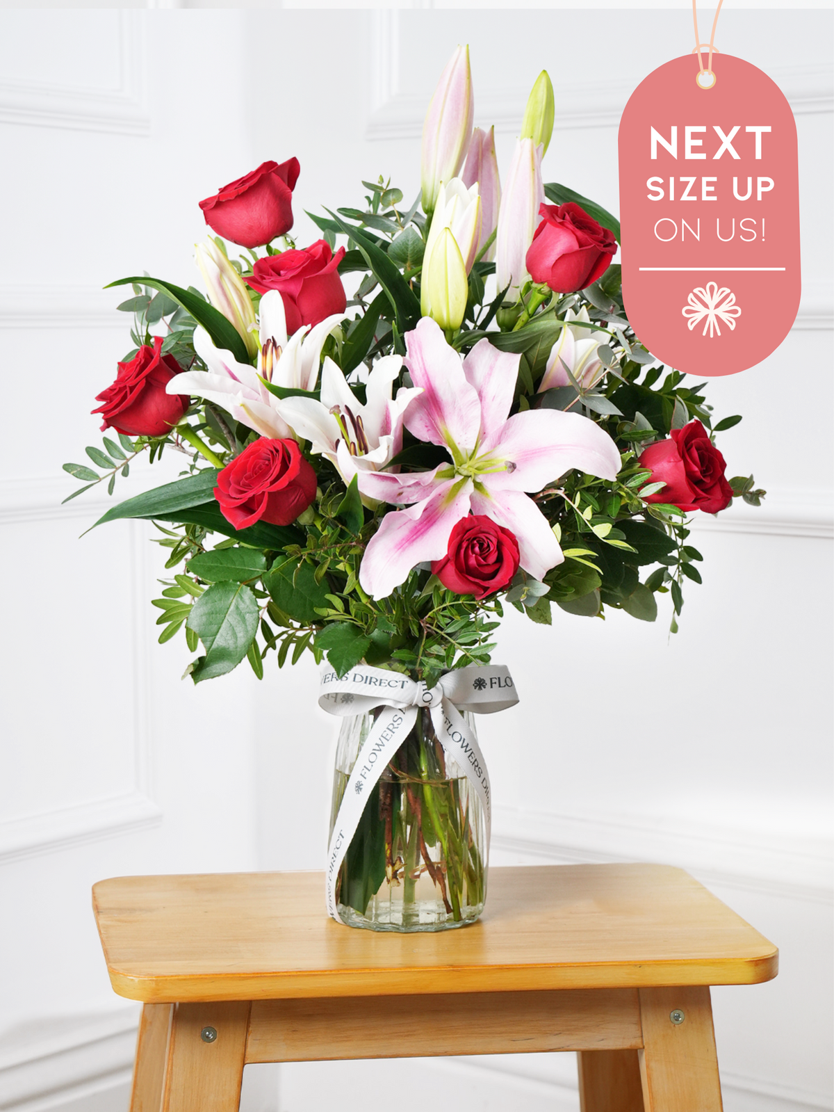 Red Roses and Pink Lily Vase Next Size Up – On Us!