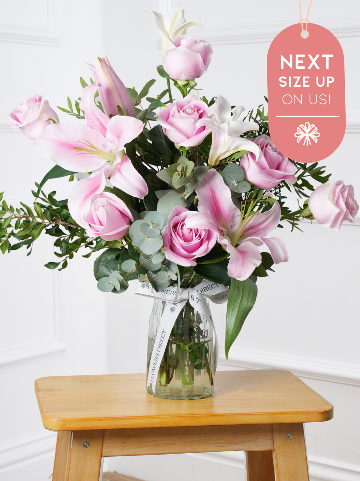 Pink Roses and Pink Lily Vase Next Size Up - On Us!
