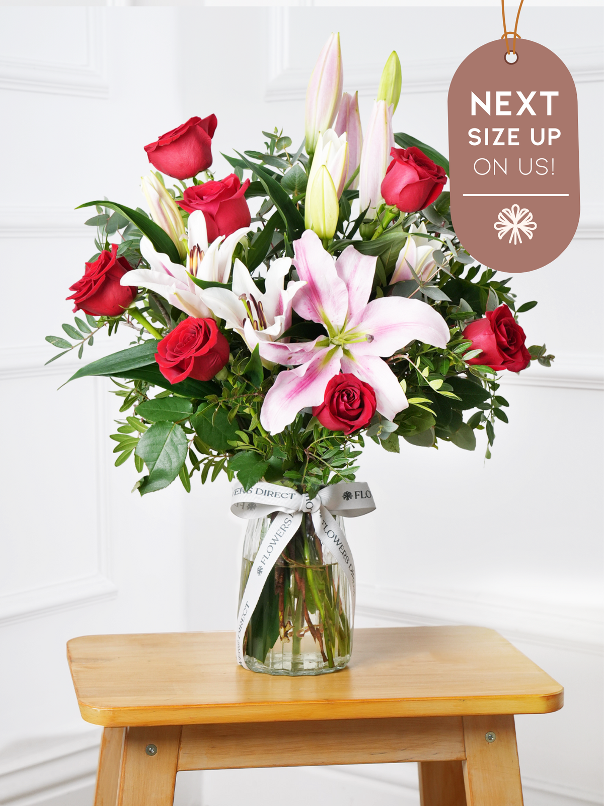 Red Roses and Pink Lily Vase Next Size Up – On Us!