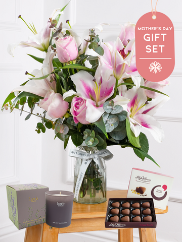 Mother's Day Pink Roses and Pink Lily - Vase Gift Set