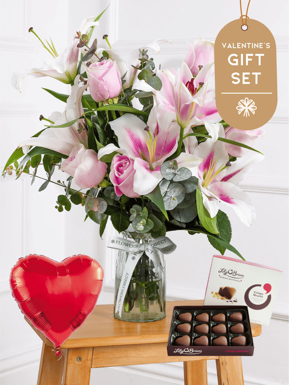 Valentine Pink Roses and Pink Lily - Vase Gift Set