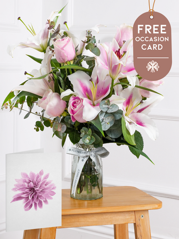 Mother's Day Pink Roses and Pink Lily - Vase with Free Occasion Card