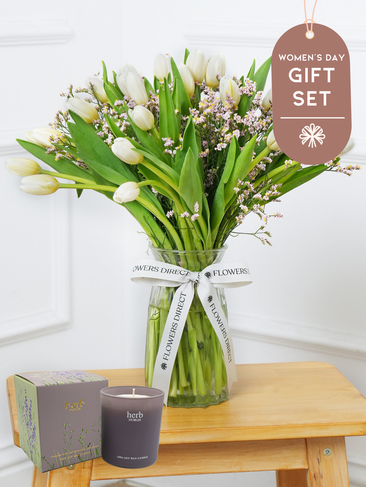 Women&#39;s Day White Tulips - Vase Gift Set