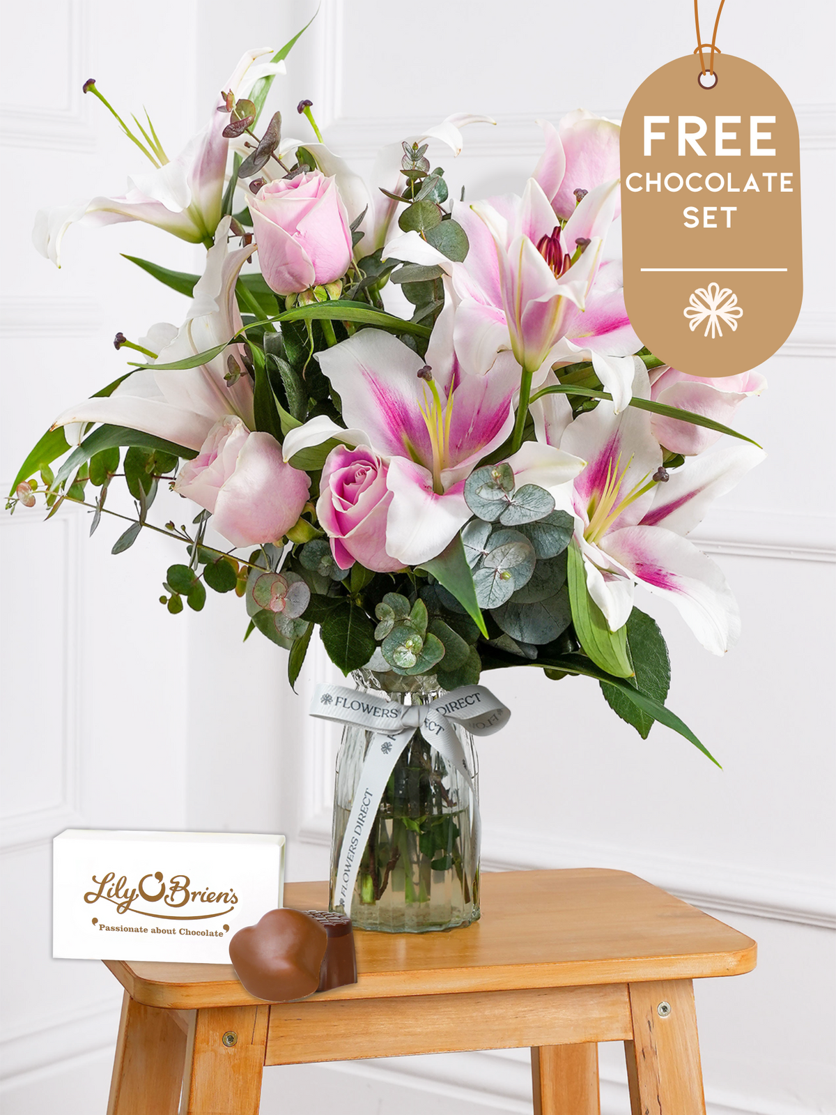 Christmas Pink Roses and Pink Lily - Vase with Free Chocolate Set