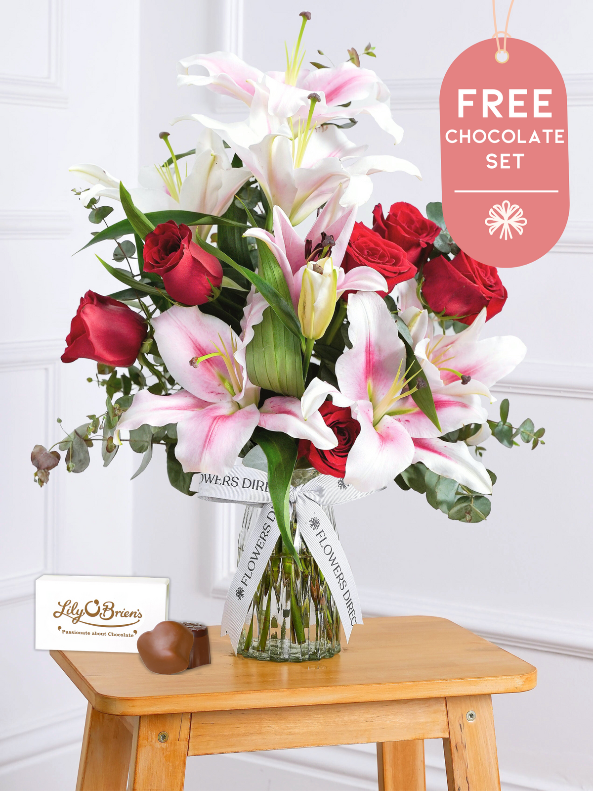 Anniversary Red Roses and Pink Lily - Vase with Chocolate Set