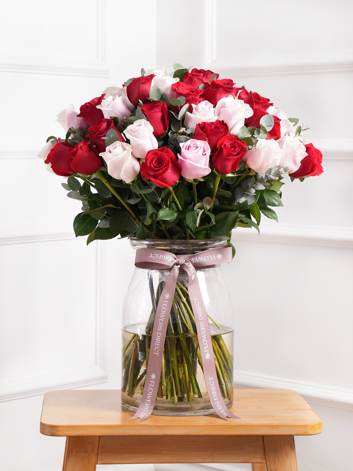 Valentine 50 Long Stem Red &amp; Pink Rose - Vase