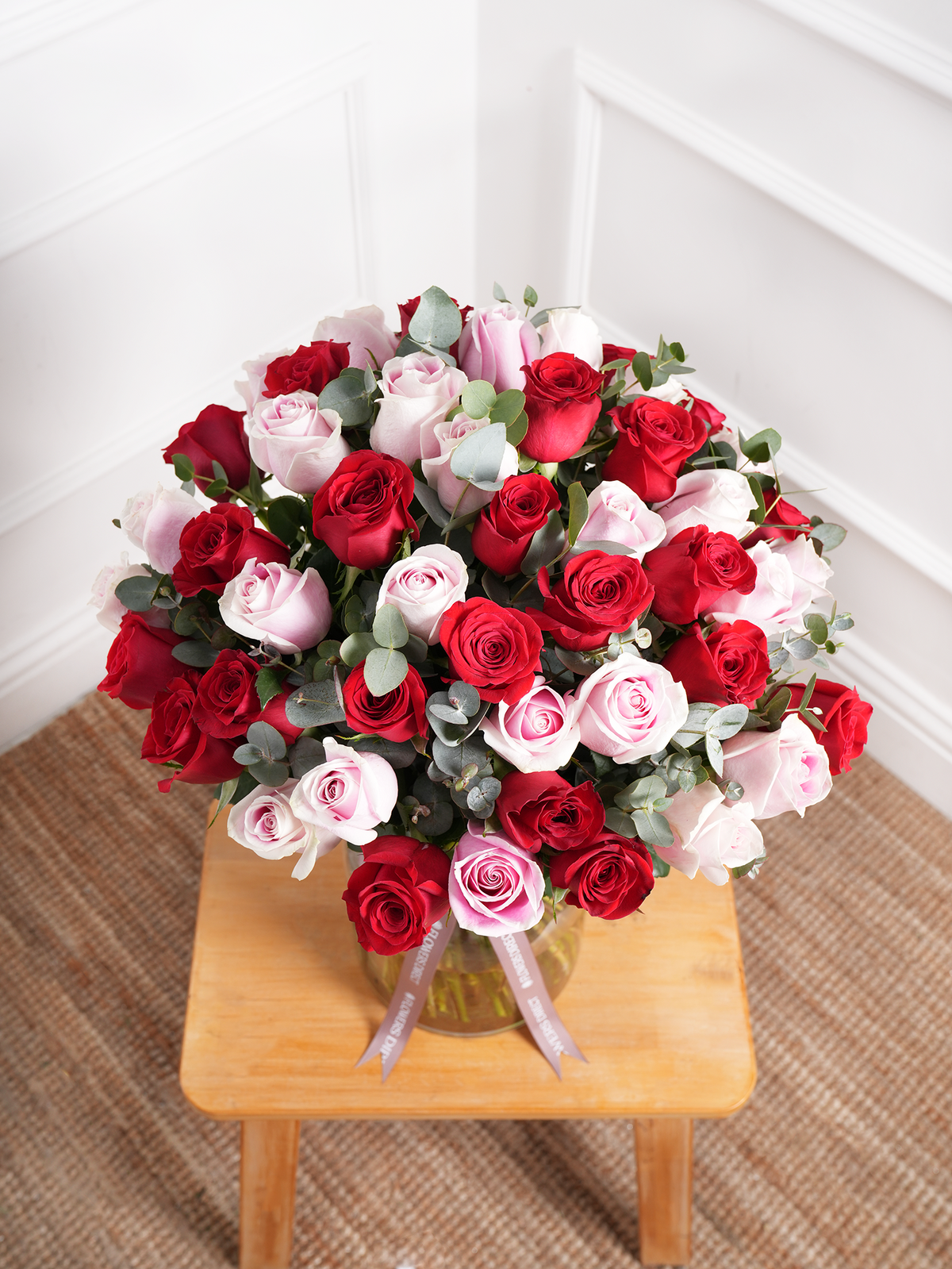 Valentine 50 Long Stem Red &amp; Pink Rose - Vase