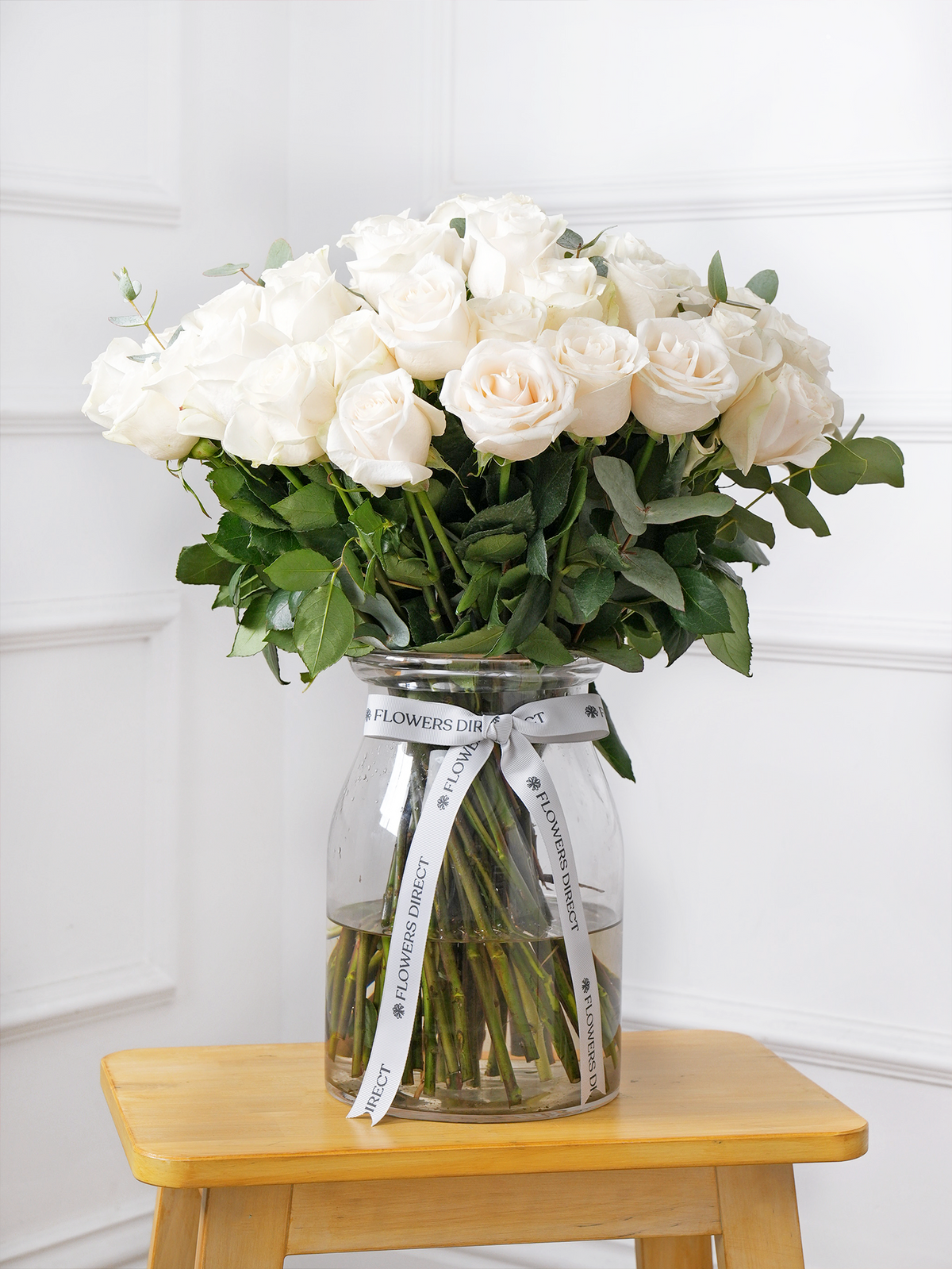 Valentine 50 Long Stem White Roses - Vase