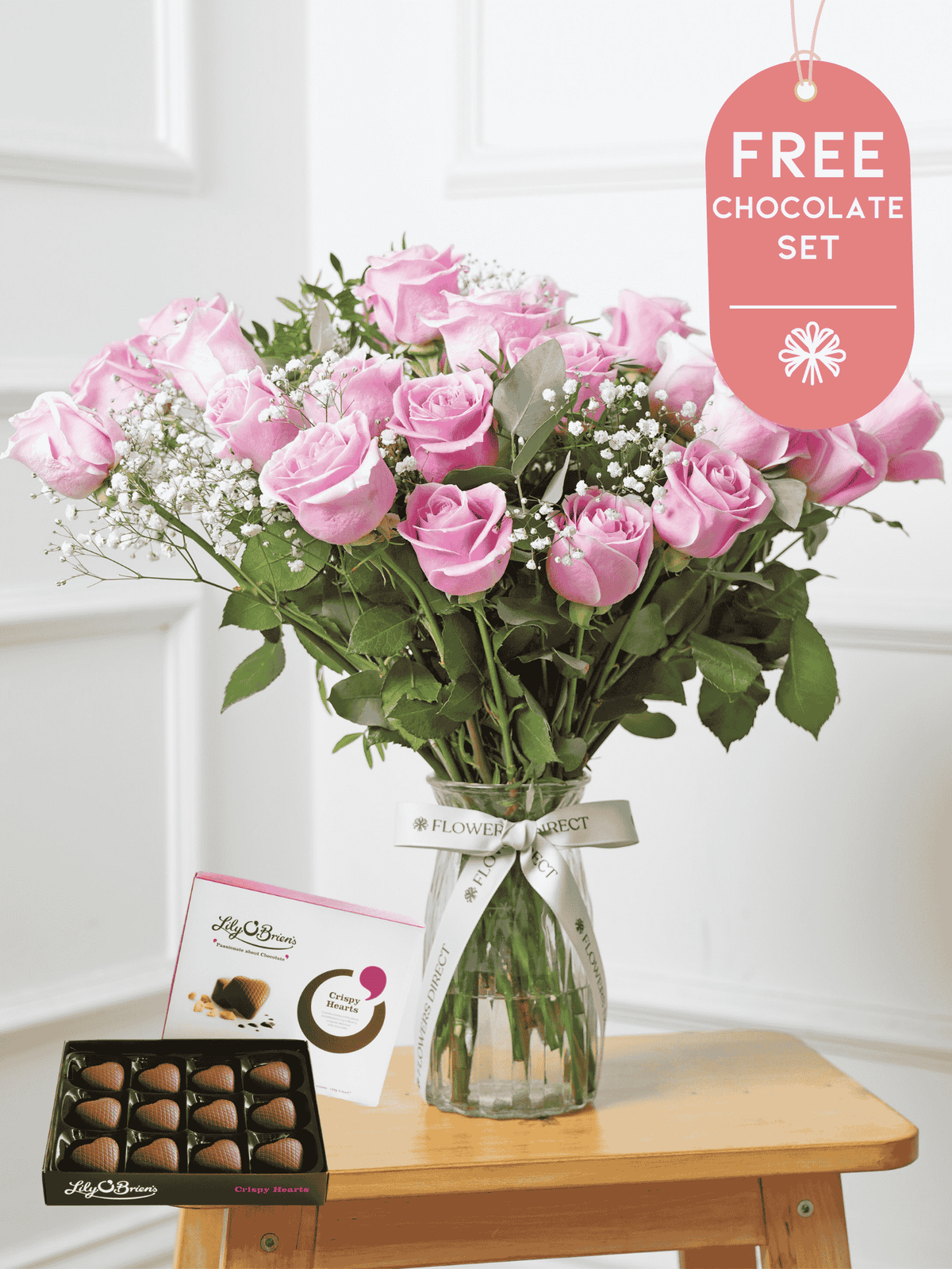 Valentine 24 Long Stem Pink Roses - Vase with Free Crispy Hearts Chocs