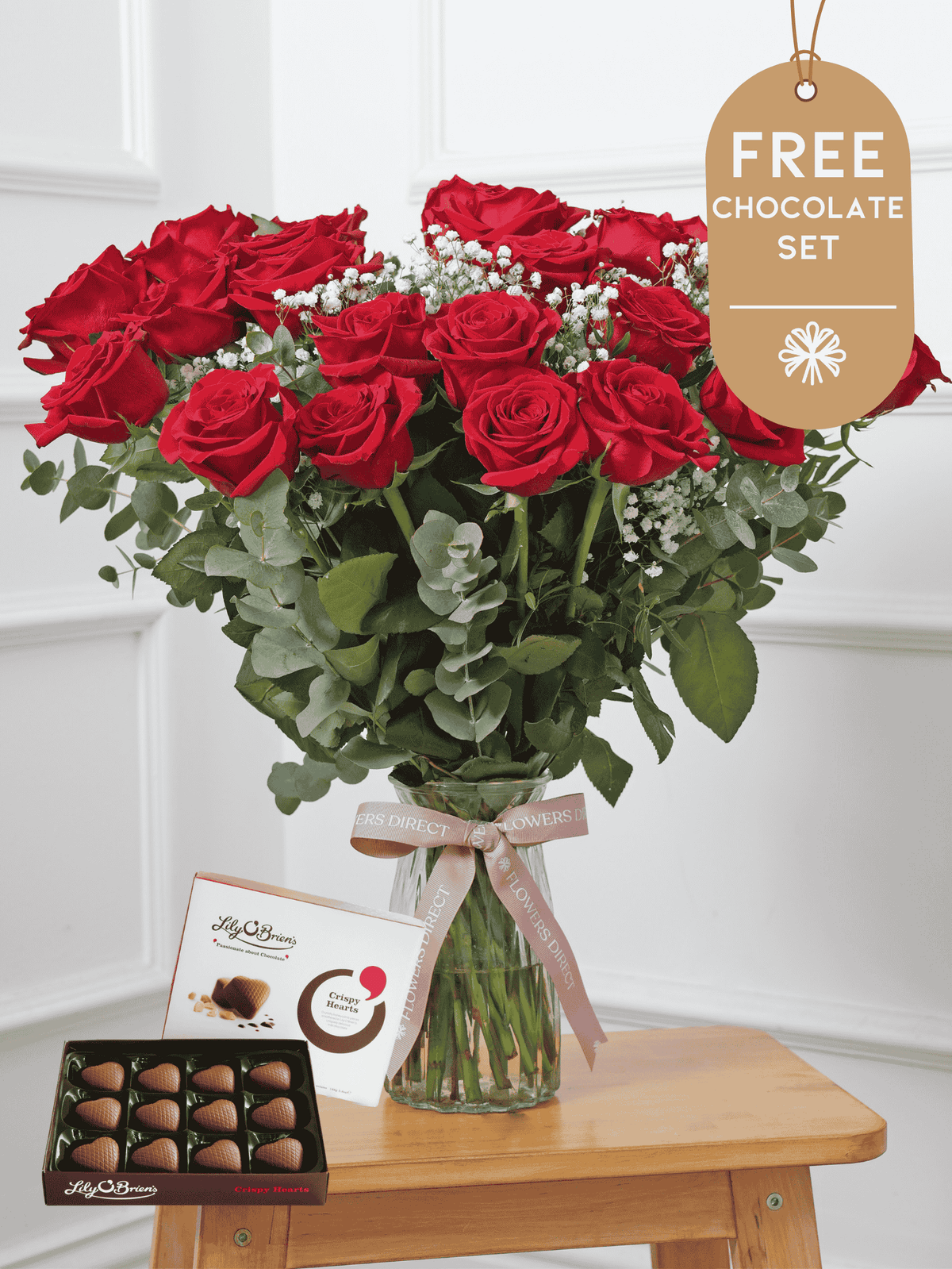 Valentine 24 Long Stem Red Roses - Vase with Free Crispy Hearts Chocs