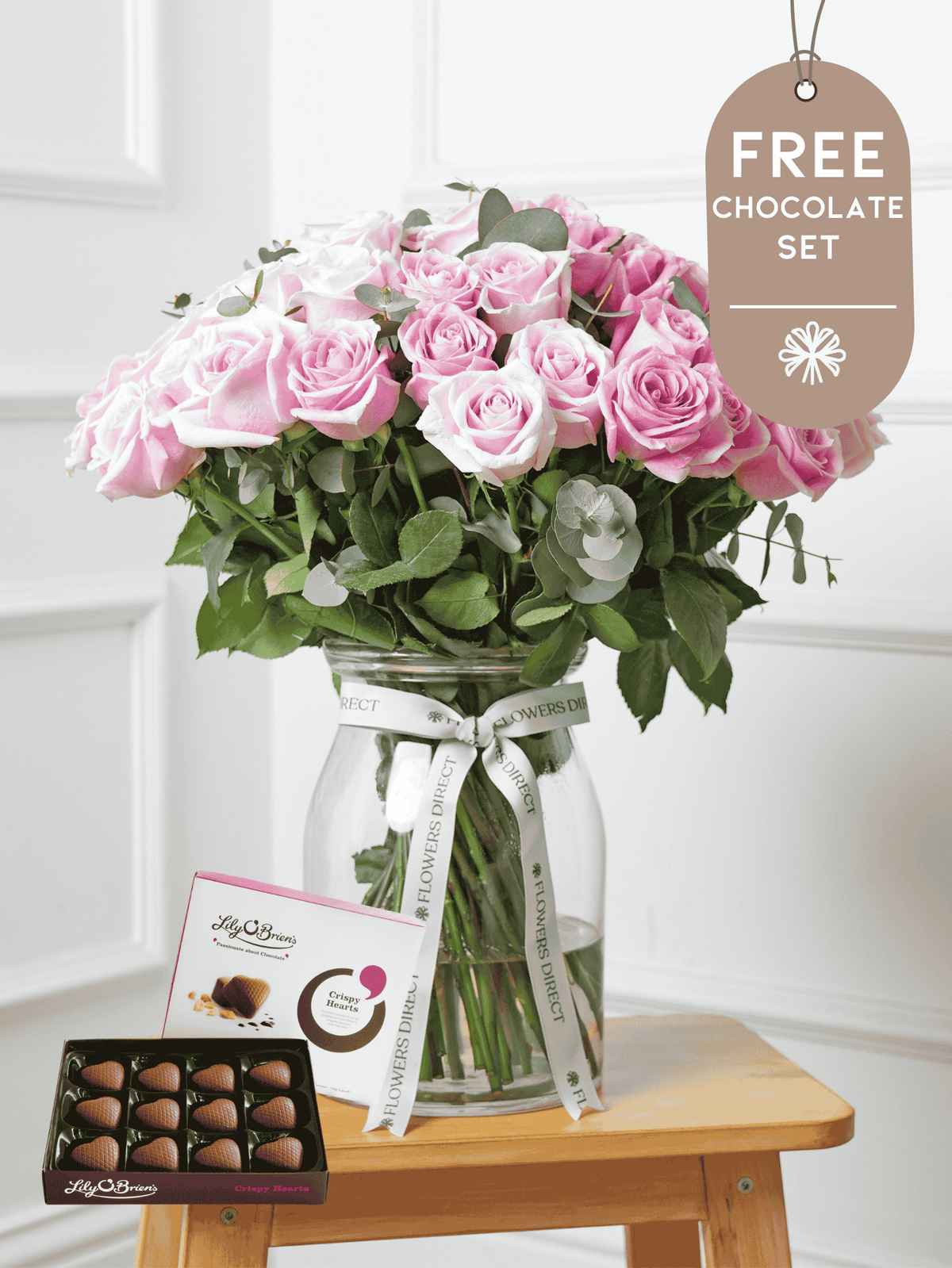 Valentine 50 Long Stem Pink Roses - Vase with Free Crispy Hearts Chocs