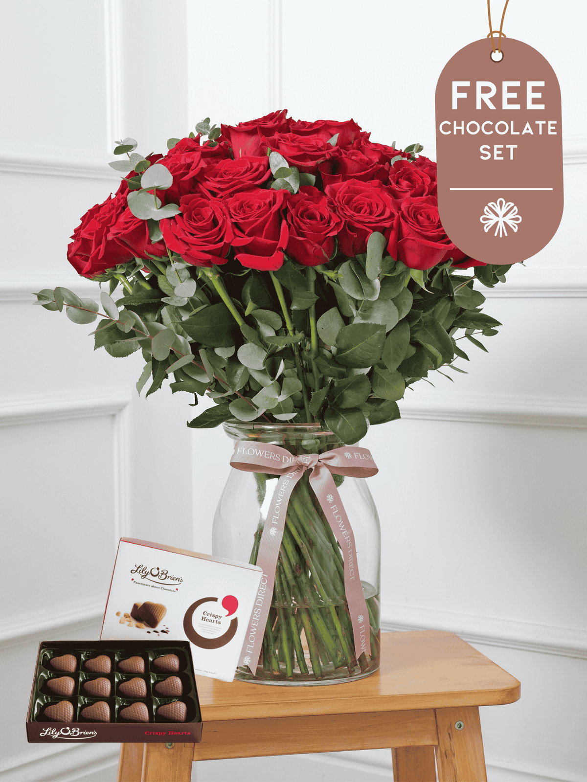Valentine 50 Long Stem Red Roses - Vase with Free Crispy Hearts Chocs