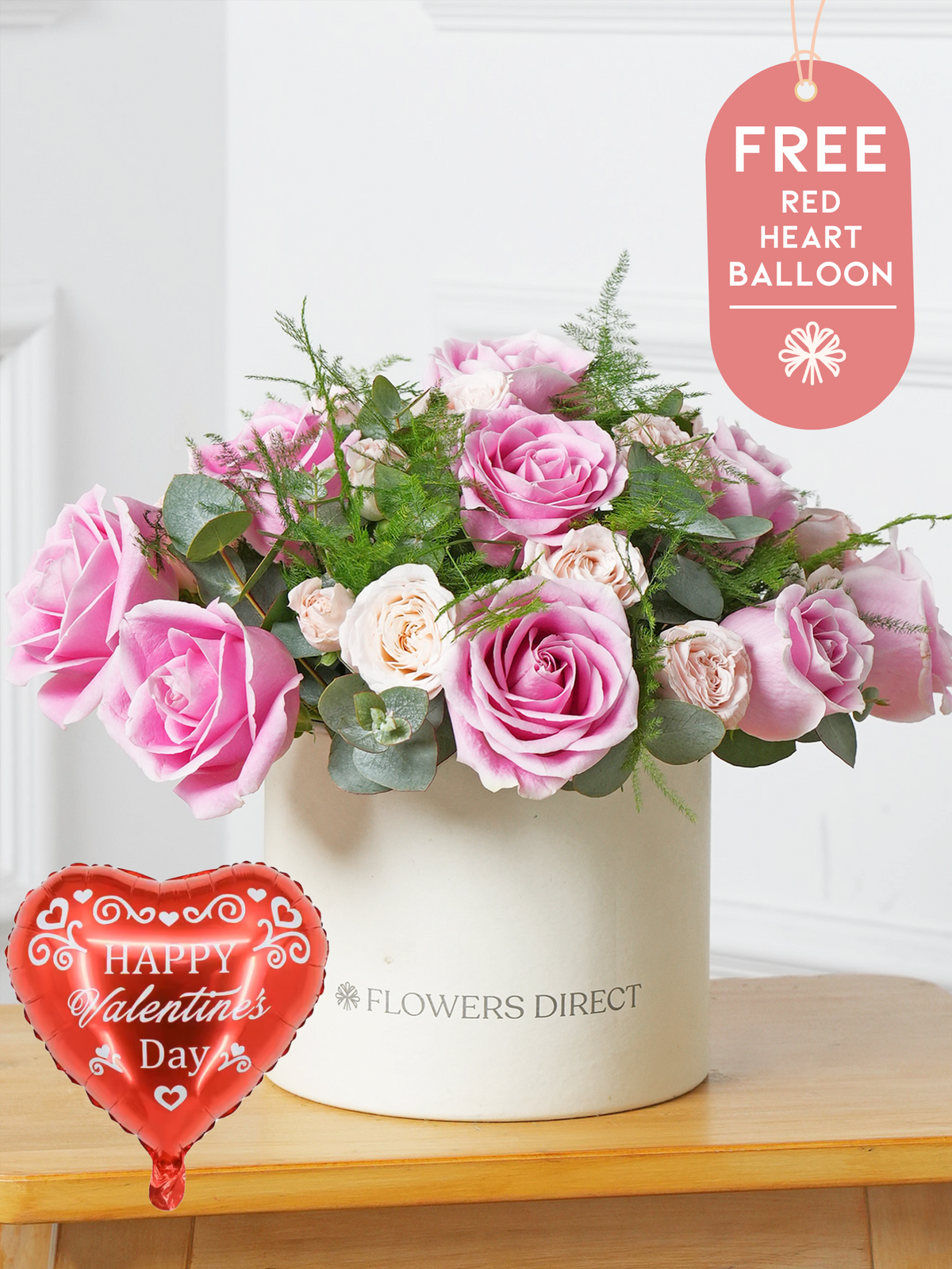 Valentine 12 Pink Roses - Hatbox with Free Heart Balloon