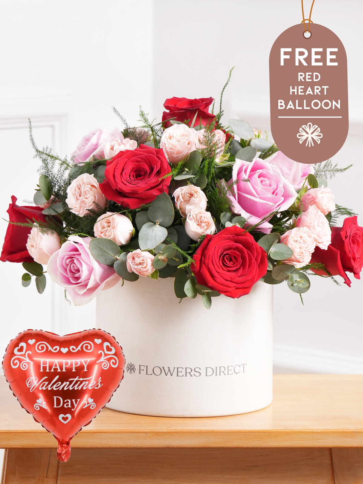 Valentine 12 Red &amp; Pink Rose - Hatbox with Free Heart Balloon