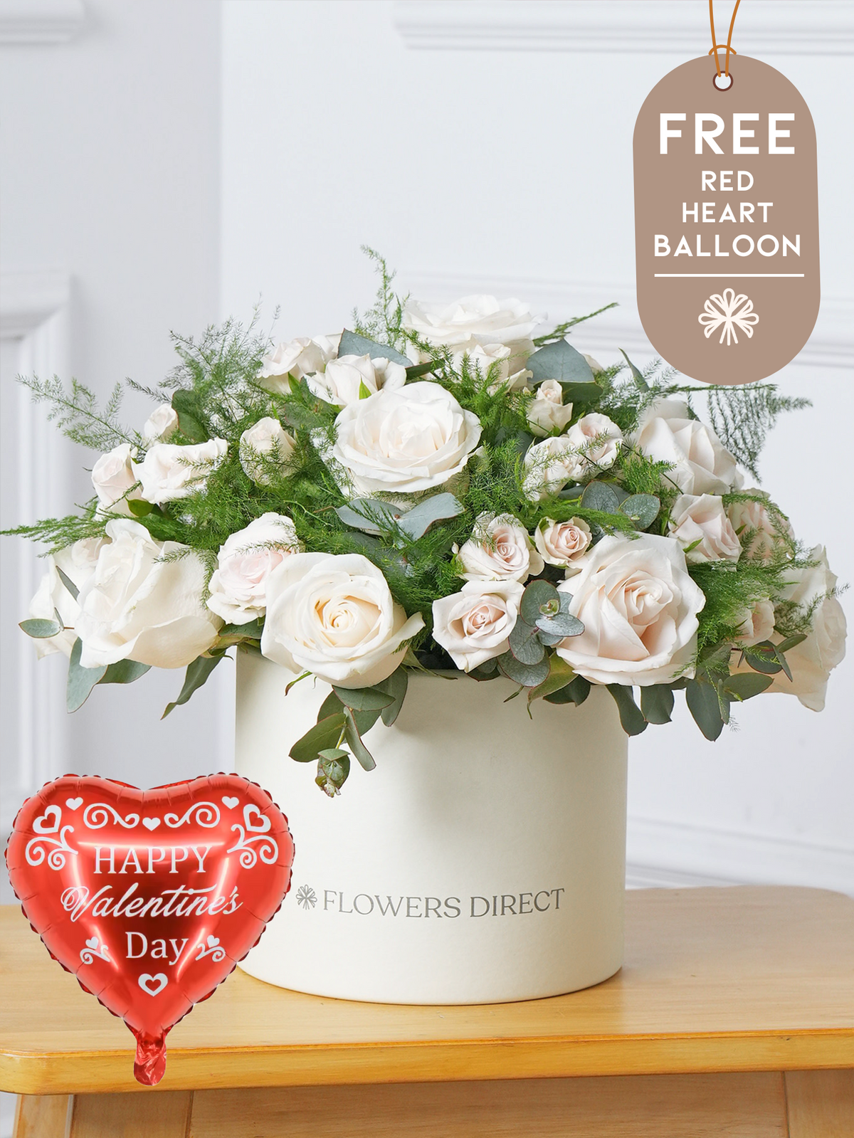 Valentine 12 White Roses - Hatbox with Free Heart Balloon