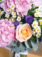 Sweet Pastel Vase – Brighten up any space with our 'Sweet Pastel' arrangement, featuring soft pink hydrangeas, peach...