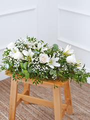 White Roses and White Lily Spray – This funeral wreath, adorned with graceful white roses, elegant white lilies, delicate gypsophila, accompanied by...