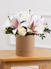 White Roses and Pink Lily - Hatbox – Our White Roses and Pink Lily Hatbox is a stunning work of art, expertly...