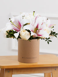 White Roses and Pink Lily - Hatbox – Our White Roses and Pink Lily Hatbox is a stunning work of art, expertly...