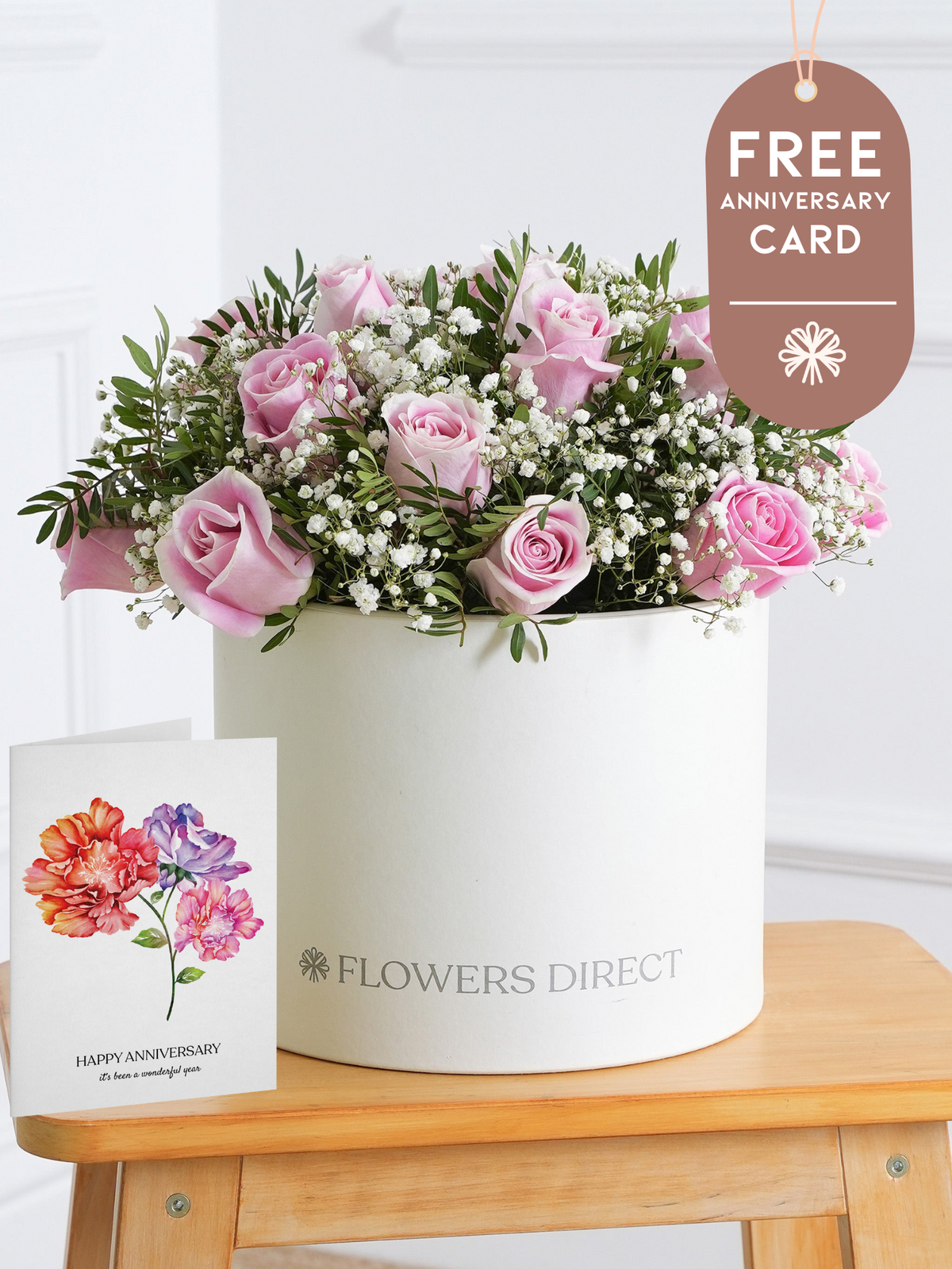 Pink Roses Hatbox with Free Happy Anniversary Card