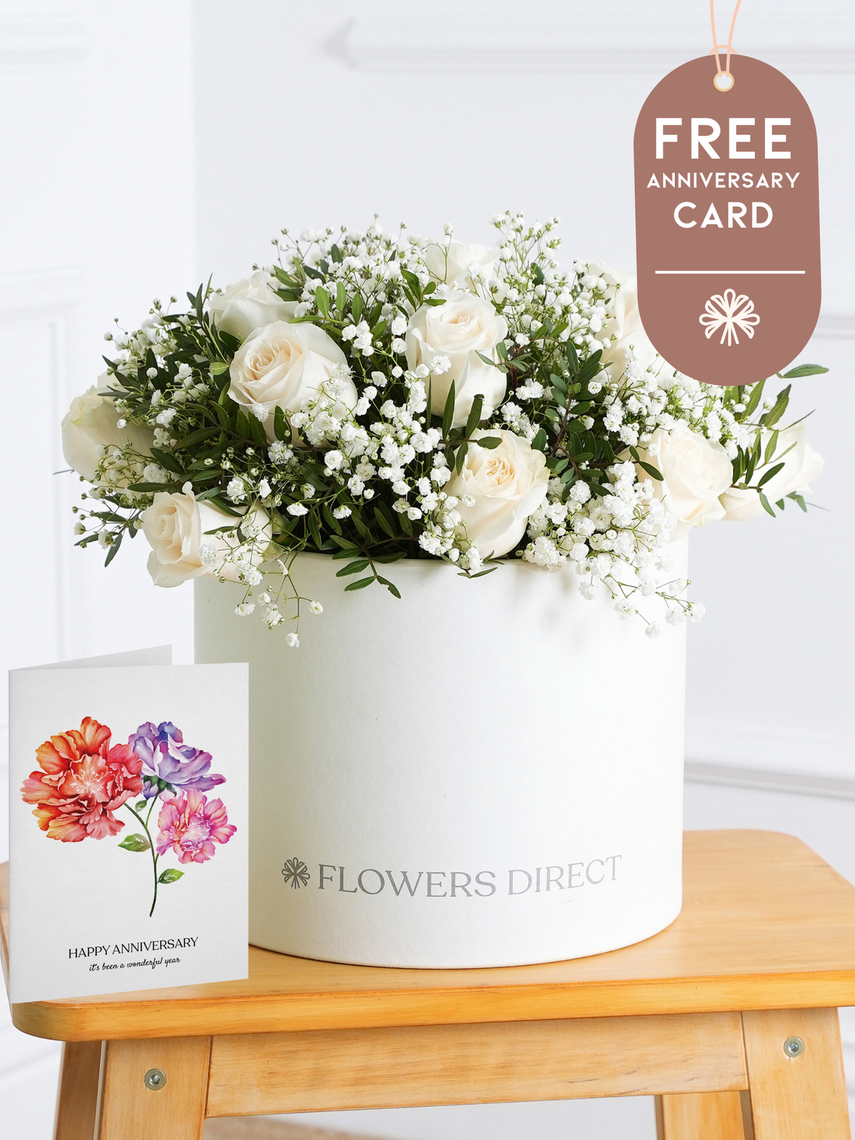 White Roses Hatbox with Free Happy Anniversary Card