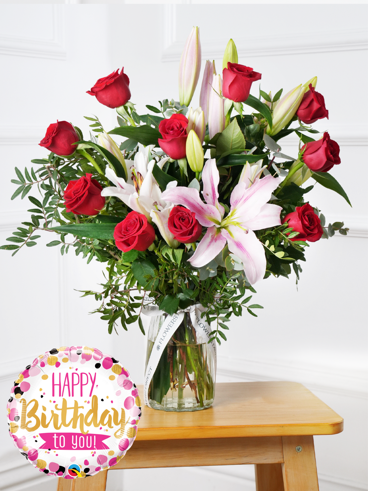 Birthday Red Roses and Pink Lily - Vase (Complimentary Birthday Balloon)