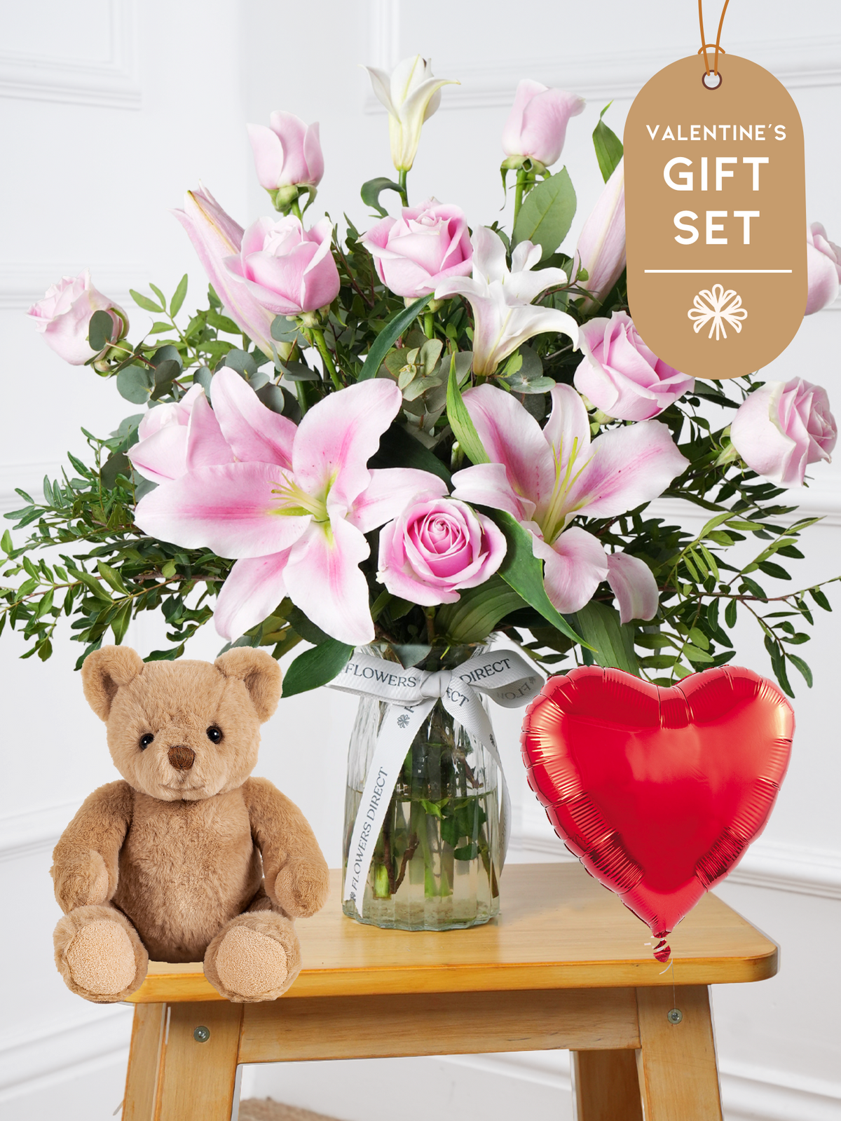 Valentine Pink Roses and Pink Lily - Vase Gift Set