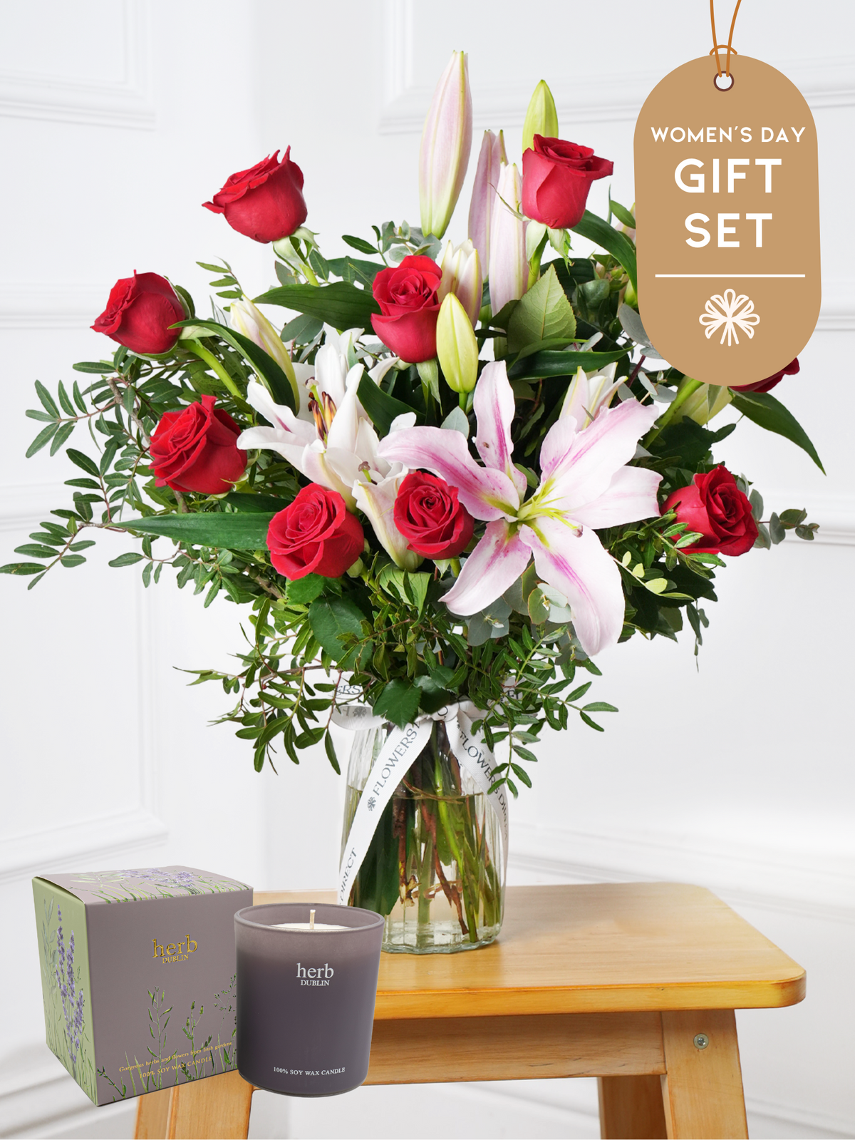 Women&#39;s Day Red Roses and Pink Lily - Vase Gift Set