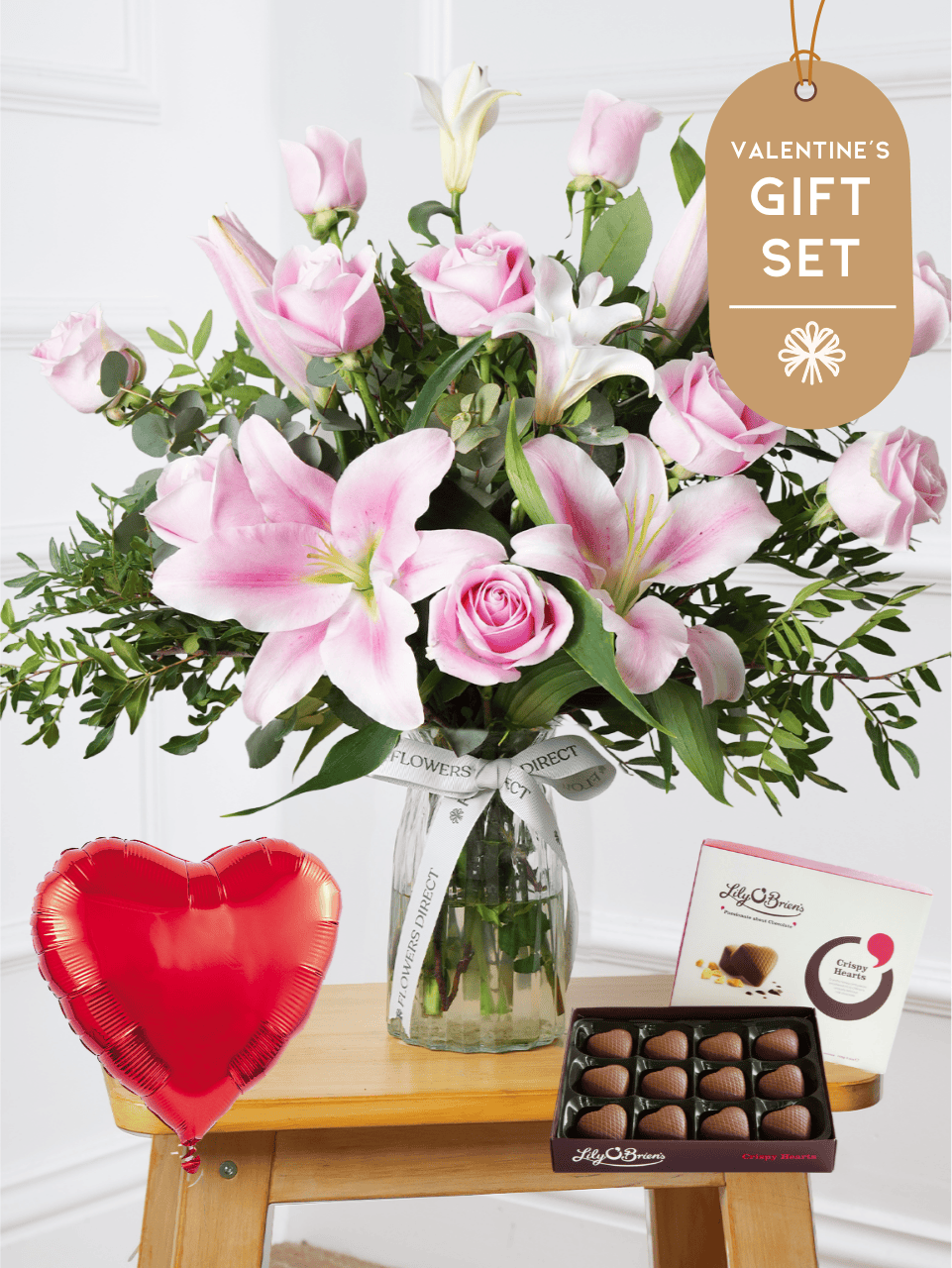 Valentine Pink Roses and Pink Lily - Vase Gift Set