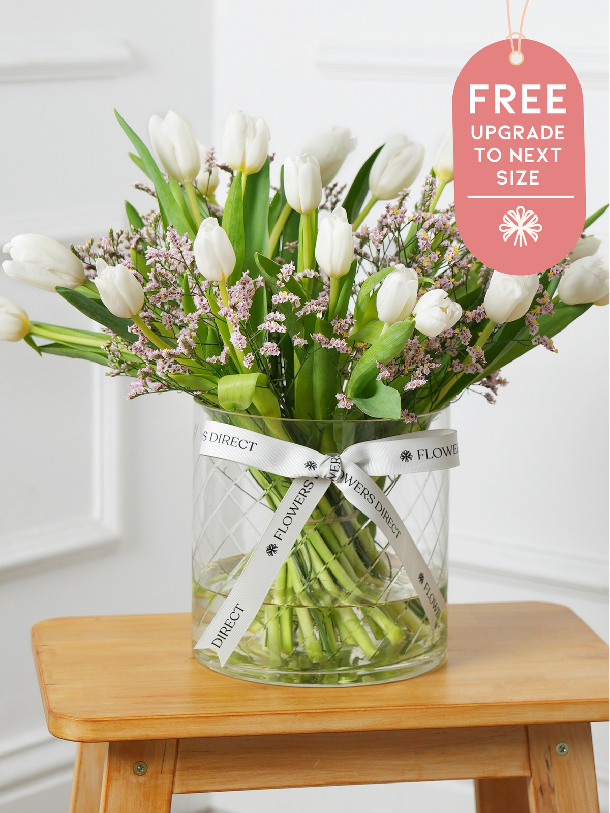 White Tulips - Vase with Free Upgrade to Next Size