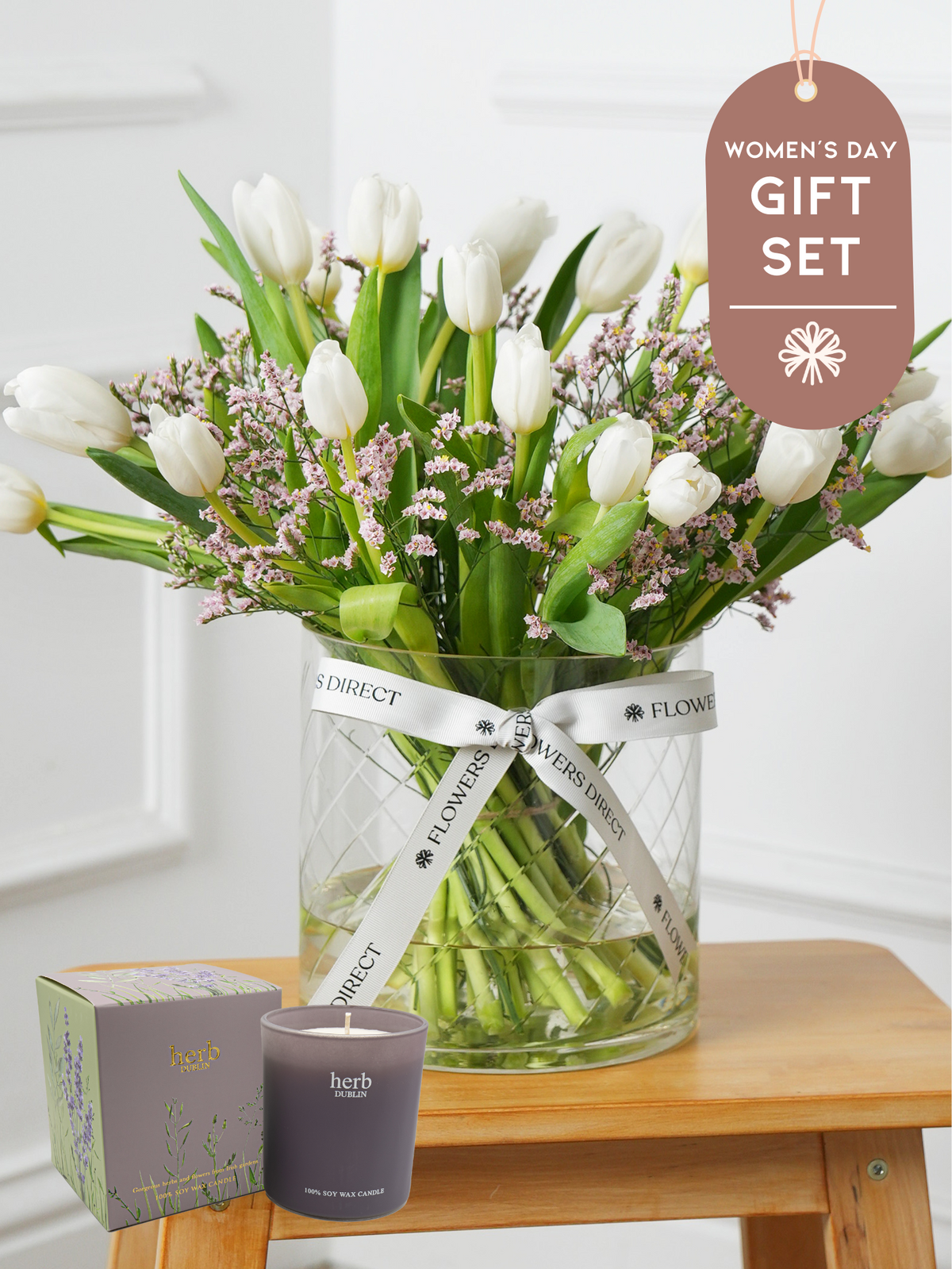 Women&#39;s Day White Tulips - Vase Gift Set