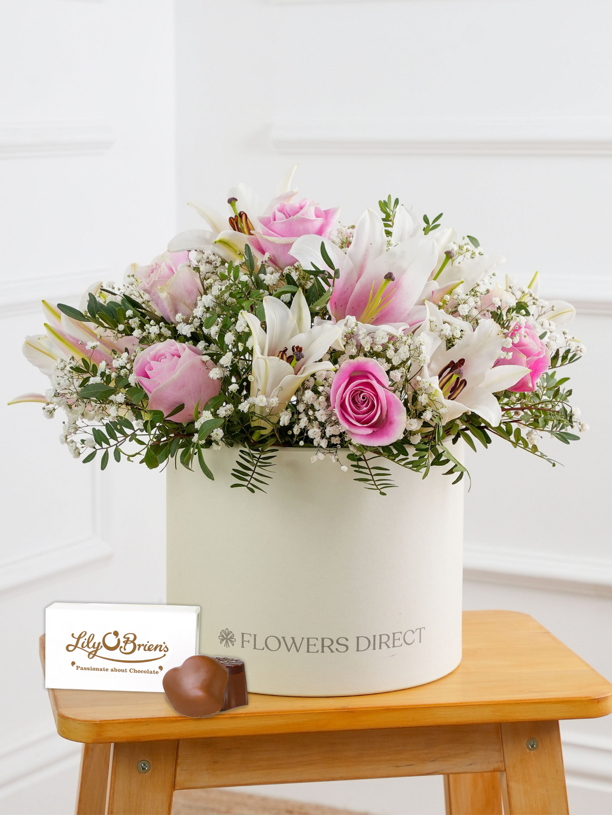 Anniversary Pink Roses and Pink Lily - Hatbox with Chocolate Set